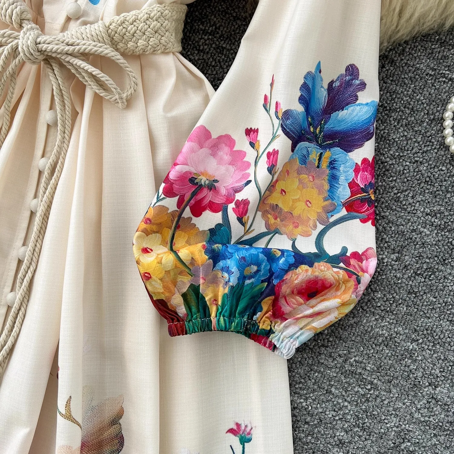 Primavera verão férias lindo vestido de linho flor feminina manga alargamento com decote em v rendas guarnições cintura alta floral impressão vestidos longos
