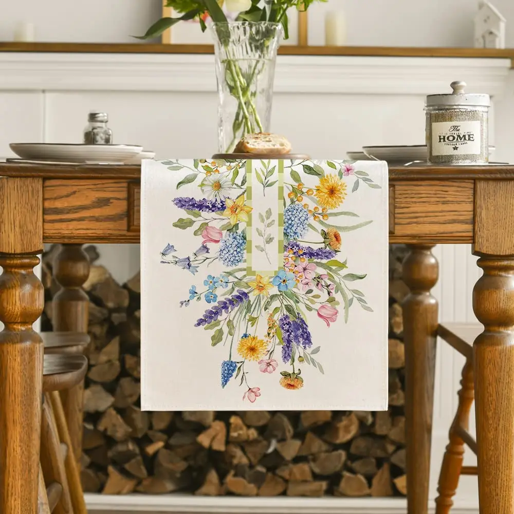 Bloom Flowers Tulip Linen Table Runner, Wedding Decoration, Easter Table Runner, Holiday Party, Kitchen Table Decor