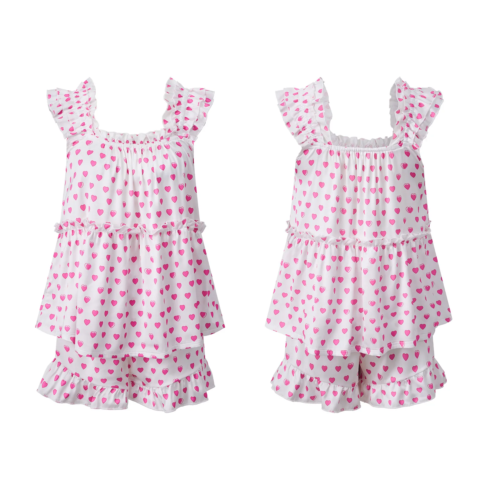 Canotte babydoll con maniche volanti e pantaloncini con volant da donna, set casual da 2 pezzi con cuore estivo