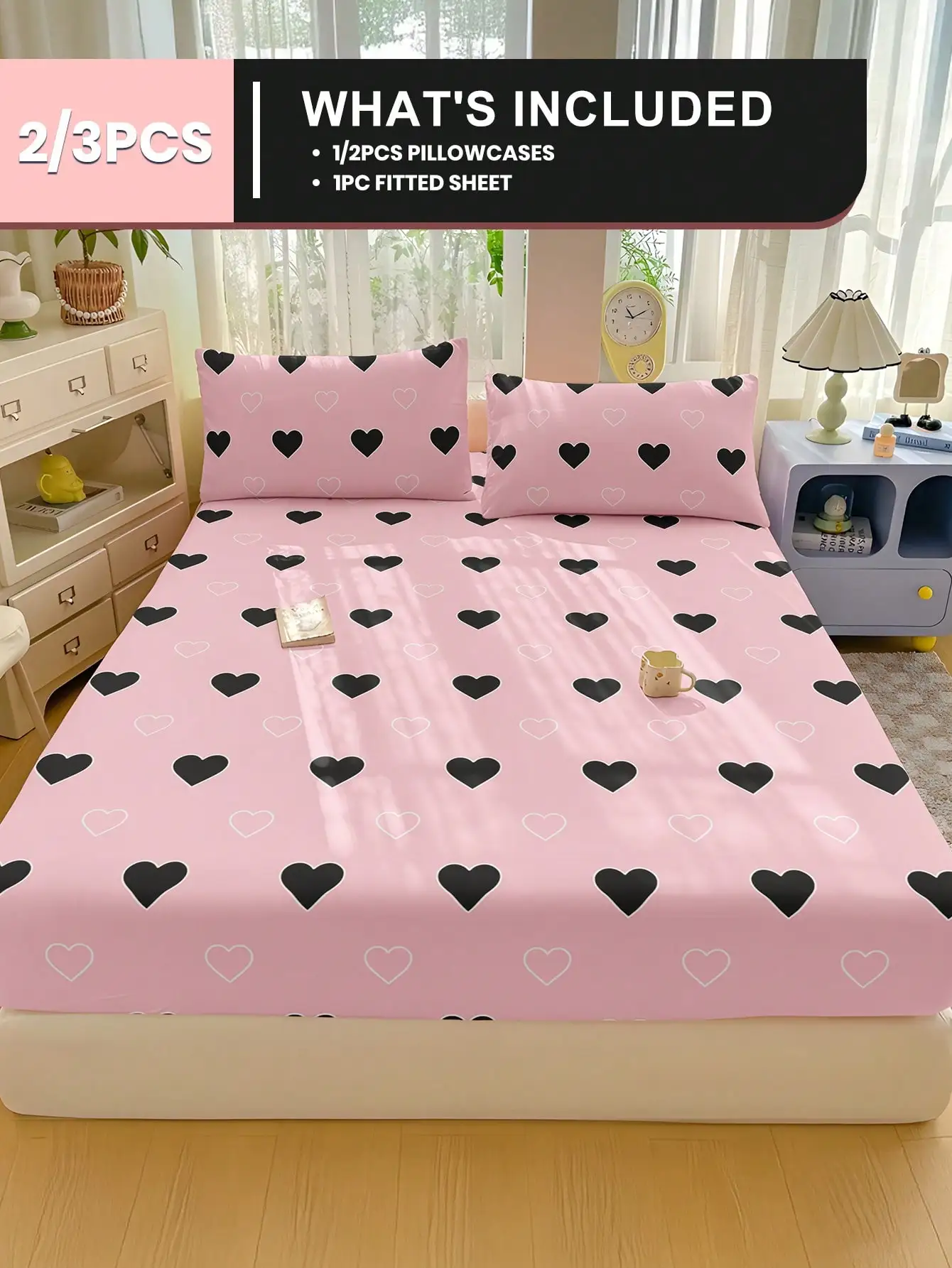 2/3‑Piece Heart Print Bed Sheet Set, Soft Skin‑Friendly All‑Season Bedding Set, Includes Fitted Sheet & 1‑2 Pillowcases, Machine Washable for Twin Full Queen King Size Beds, Room Decor for Father’s Day, Birthday & Grad Party, Ideal Gift