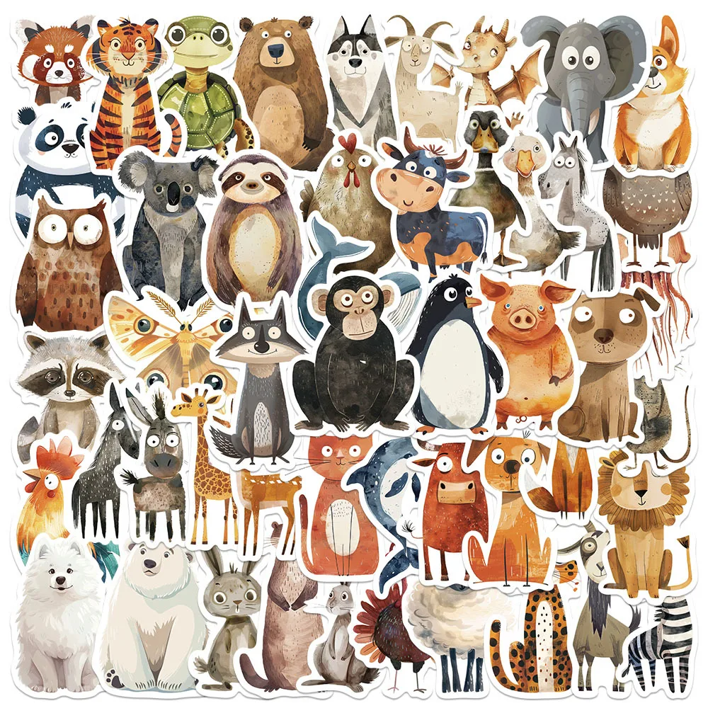 50PCS Cute Strange Watercolor Animals Cartoon Stickers DIY Laptop Phone Luggage Cup Waterproof Graffiti Bicycle Car Decals