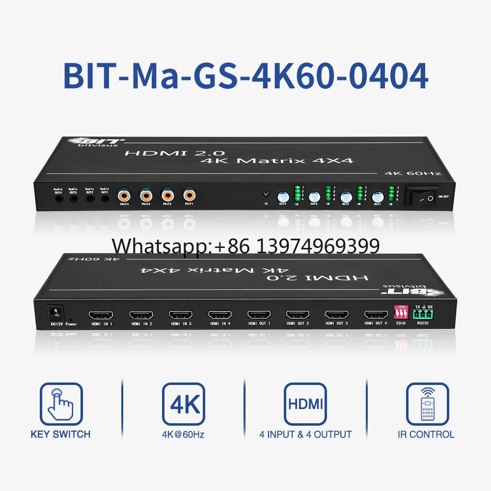 Bitvisus 4 in 4 Out Full Digital Ultra HD Matrix Switcher, 4K60Hz, HDMI2.0 & HDCP2.2, 3D Video & Audio Output Supported