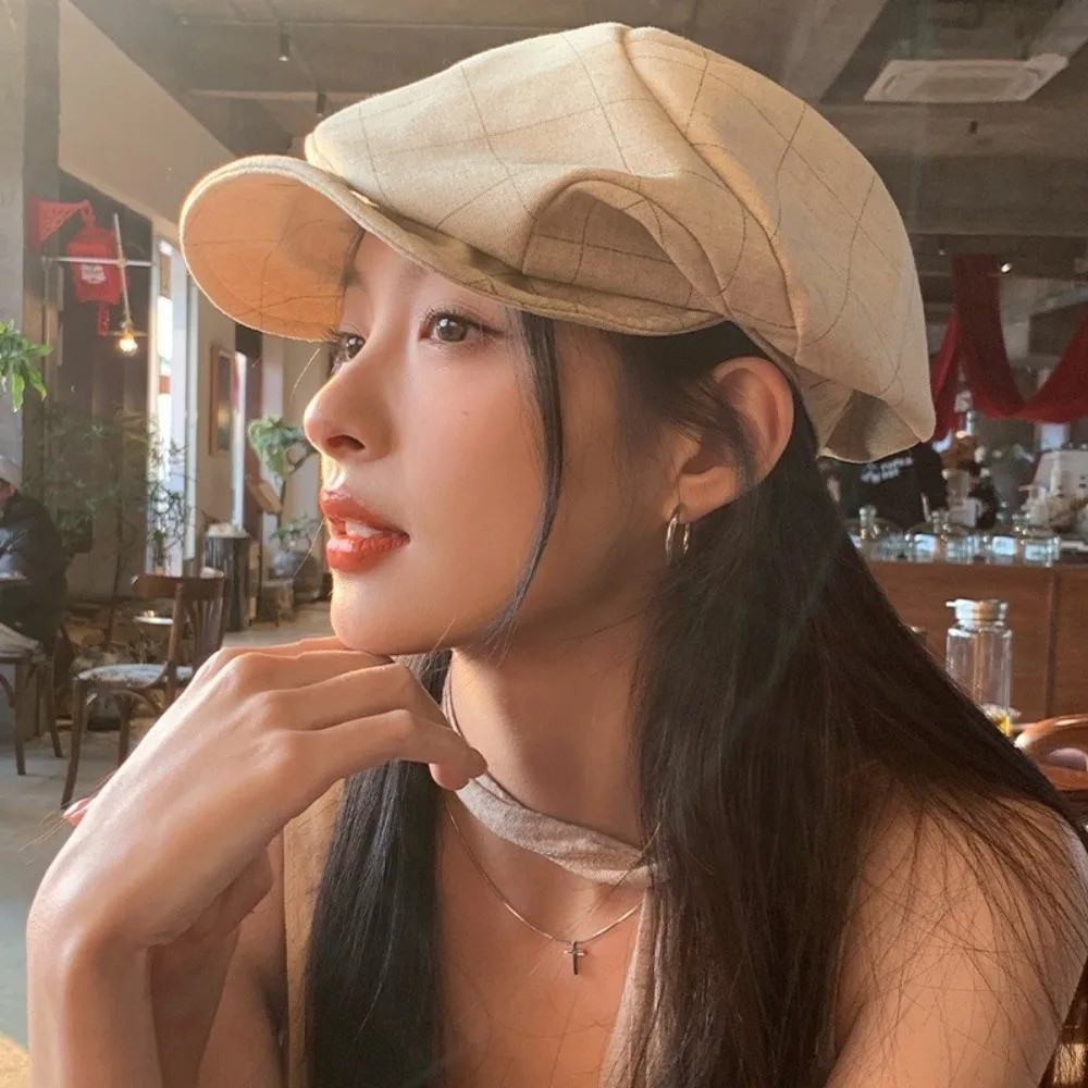 

Fashion Vintage Plaid Beret Cloud Visor Octagonal Cap Newsboy Artist Peaked Hat Women