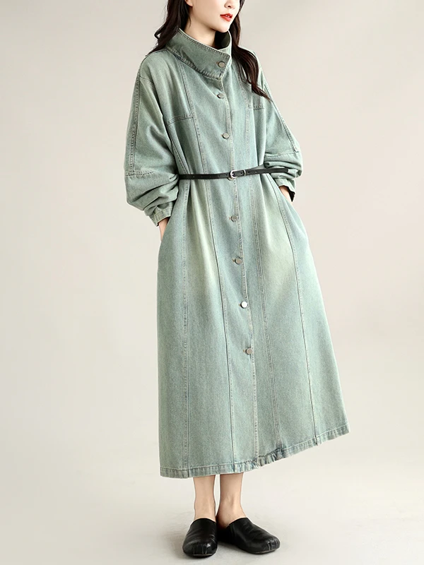 Authentic Long Sleeve Denim Dress Hong Kong Style Loose Casual Long Dress Polyester Cotton Blend High Collar Single Button Cl...
