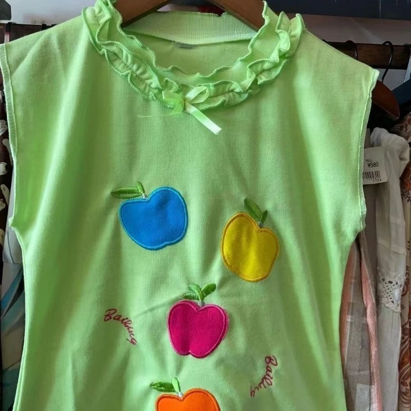 

2025 New Sweet Fungus O-neck Print Vest Summer Loose All-match Green Tops for Women Y2k Simple Embroidery Cotton Tank Top