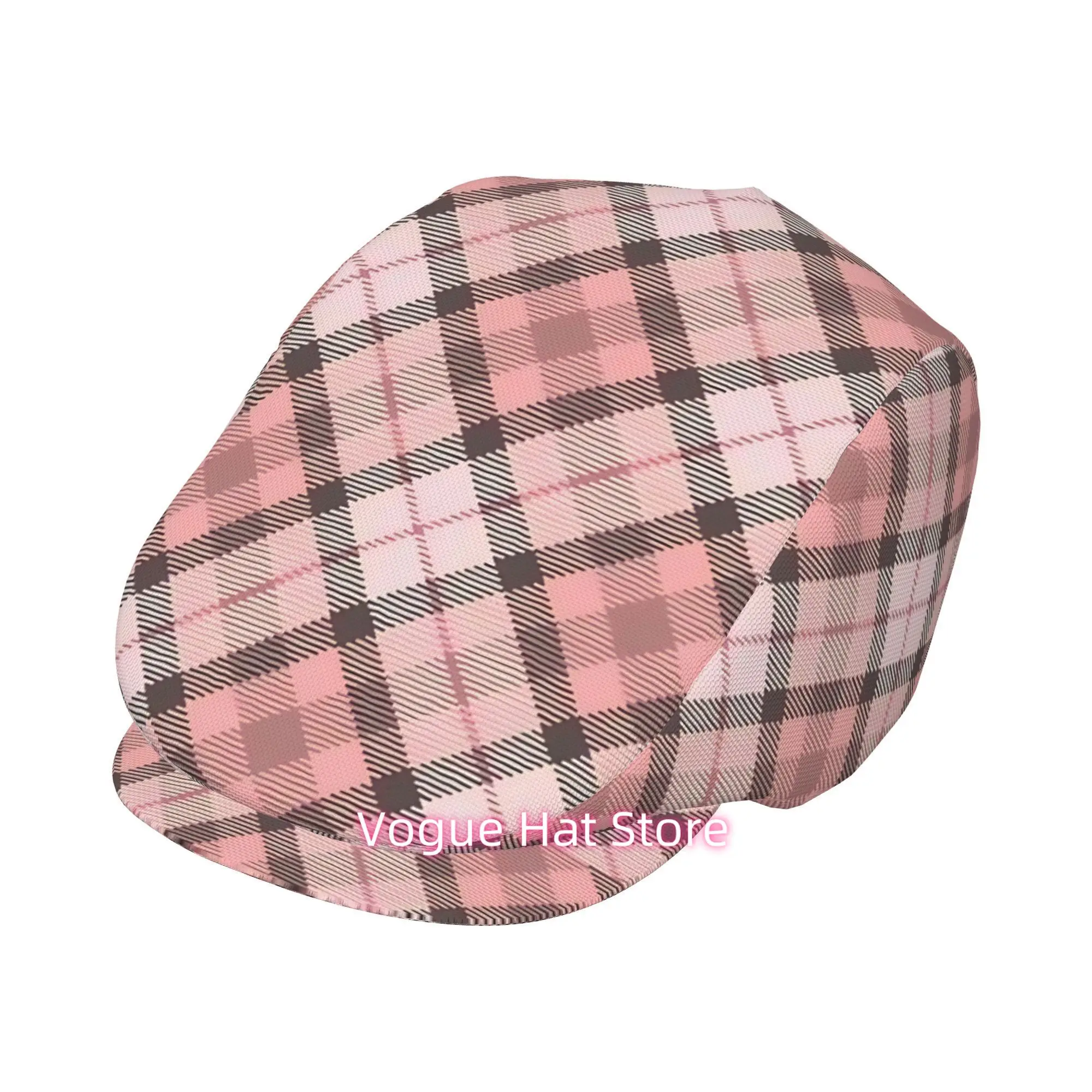 2D Flat - 1pc of a Pink Tartan Patterned Beret, a Vintage Newsboy Cap, Suitable for Everyone, an Essential Fashion Item for Both