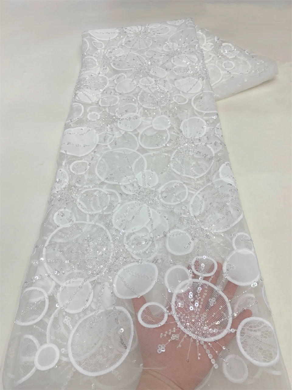 

High-Quality Beaded Nigerian Sequins Lace Fabric African French Tulle for Luxury Wedding Dress Sewing NXZ6386