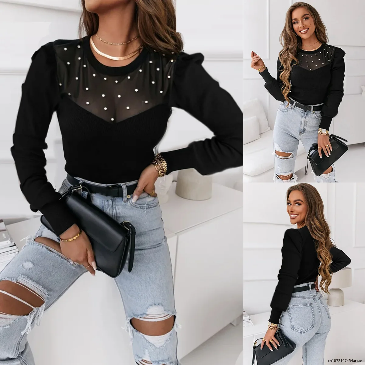 T Shirt For Women Knitted Long Sleeve Tops Pink Pulovers Square Collar Pearl Shirts & Blouses Winter Youthful Woman Clothes 2024