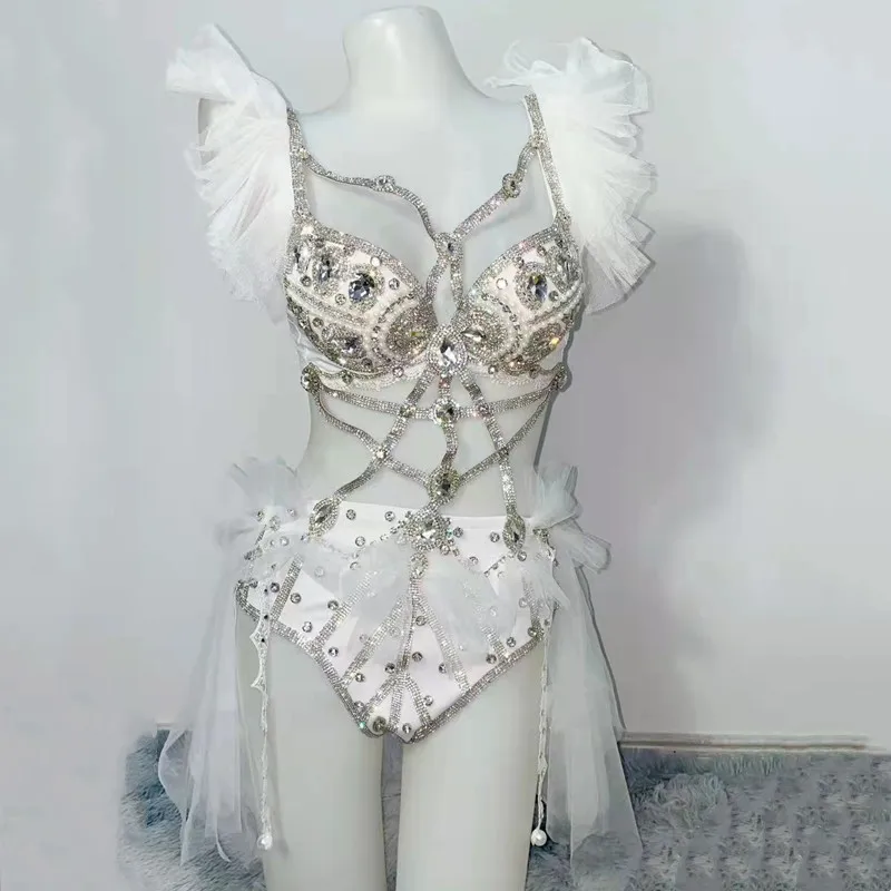 Bikini Sexy con diamantes de imitación para baile en barra, traje de actuación para club nocturno, DJ, bailarina, equipo, espectáculo de fiesta, sujetador de cristal, pantalones cortos, trajes