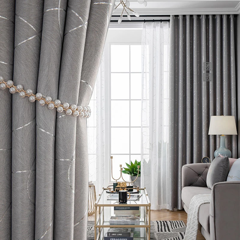 Bronzing Geometry Wavy Curtains for Living Room Coffee/Pink/Blue/Grey Modern Curve Window Drapes for Bedroom Custom Size
