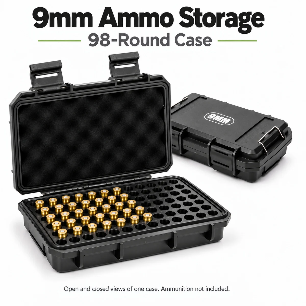9mm 98-Round Ammo Case, Waterproof-Style Stackable ABS Storage Box with Foam Lining for Range and Home Organization