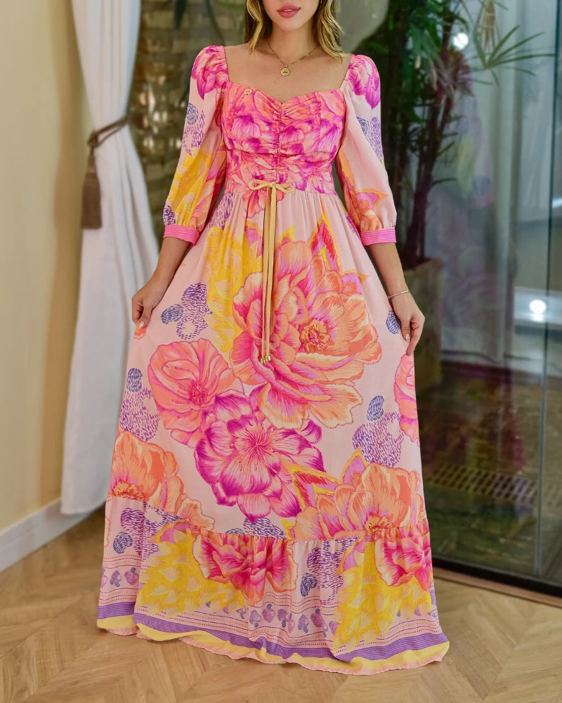 

Women's Casual Flowy A Line Dresses Female Clothing Spring New Fashion Womens Floral Print Cold Shoulder Drawstring Maxi Dress