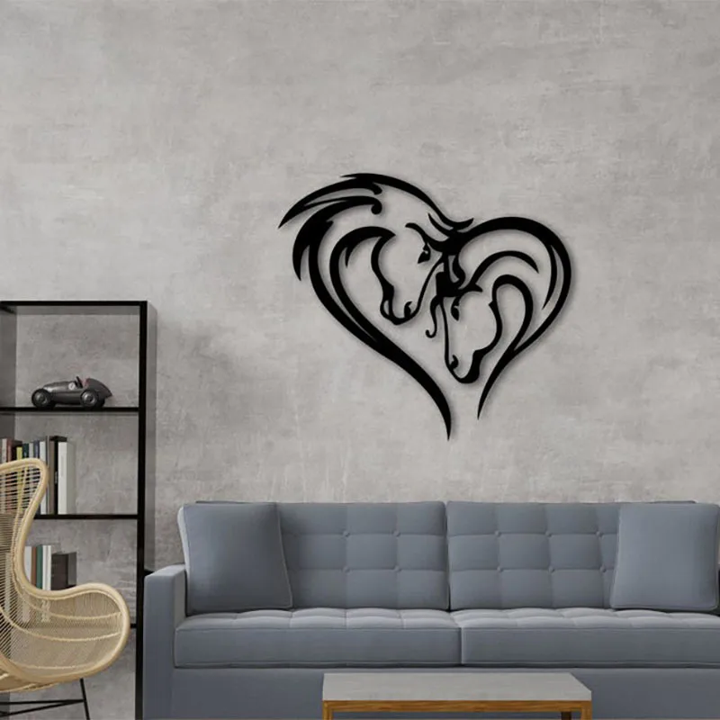 

1pc Metal Silhouette Double Horse Head Wall Art Home Heart Shaped Horse Black Metal Wall Hanging Decoration Bedroom Living Room