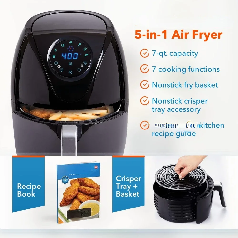 Air Fryer 7 QT Maxx klasik, penggorengan udara ekstra panas, memasak, renyah, Broil, panggang, memanggang, finishing Gloss tinggi, hitam (7 kuarsa) (HF-196DT)