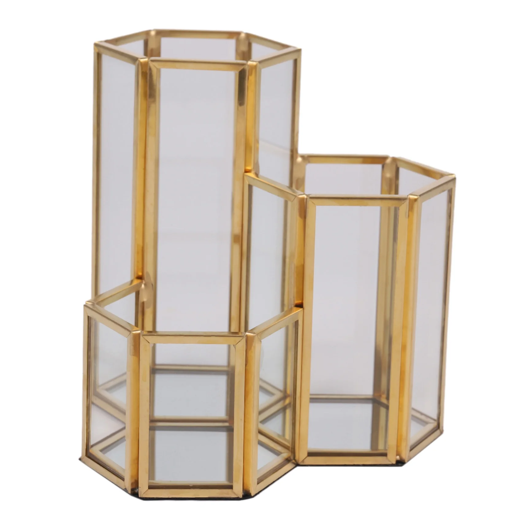 AB09 Glass Copper Hexagon Composite Pen Holder Makeup Brush Glass Box Multifunction Desktop Organizer Accessories