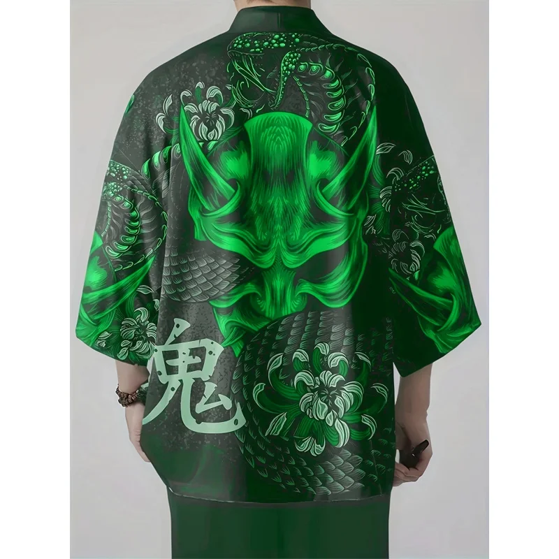 

Japanese Traditional Samurai Kimono Men Women Anime Dragon Printed Green Loose Cardigan 3/4 Sleeve Harajuku Haori Coaplay Shirt