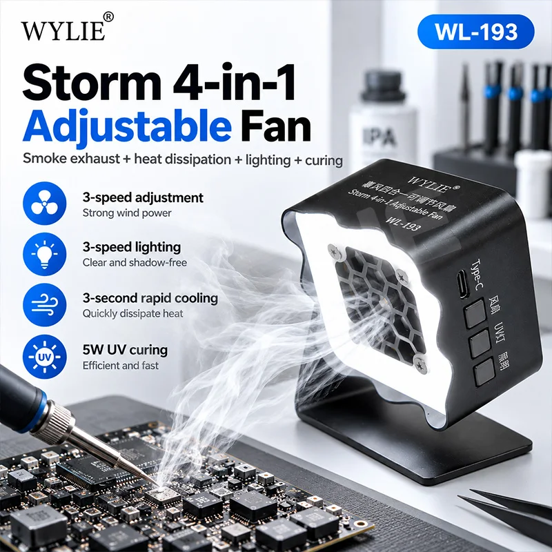 WYLIE WL193 4 in 1 Adjustable Fan Smoke Exhaust Heat Dissipation UV Curing Light Adjust Type C Charging For Phone PCB Repair