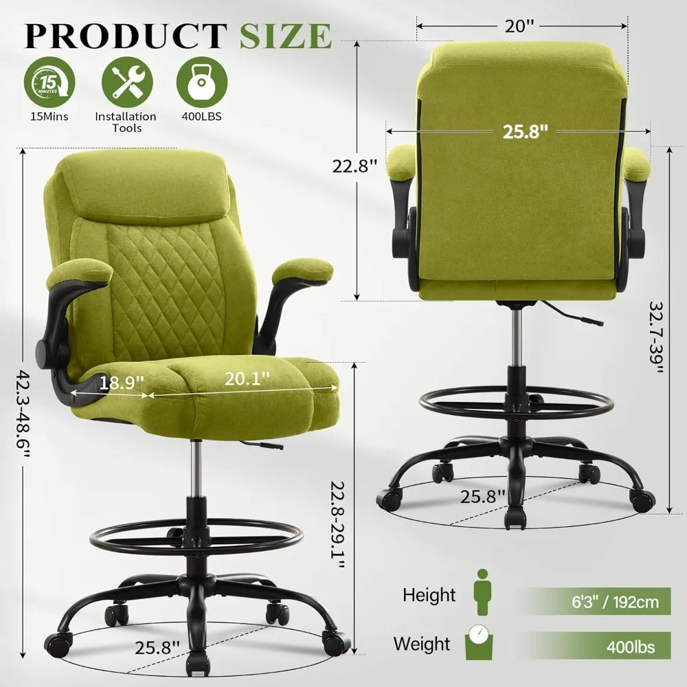 كرسي مكتب قائم مريح وقابل للتعديل مع مساند للذراعين قابلة للطي ودعم قطني وحلقة للقدم للاستخدام المكتبي الطويل #3