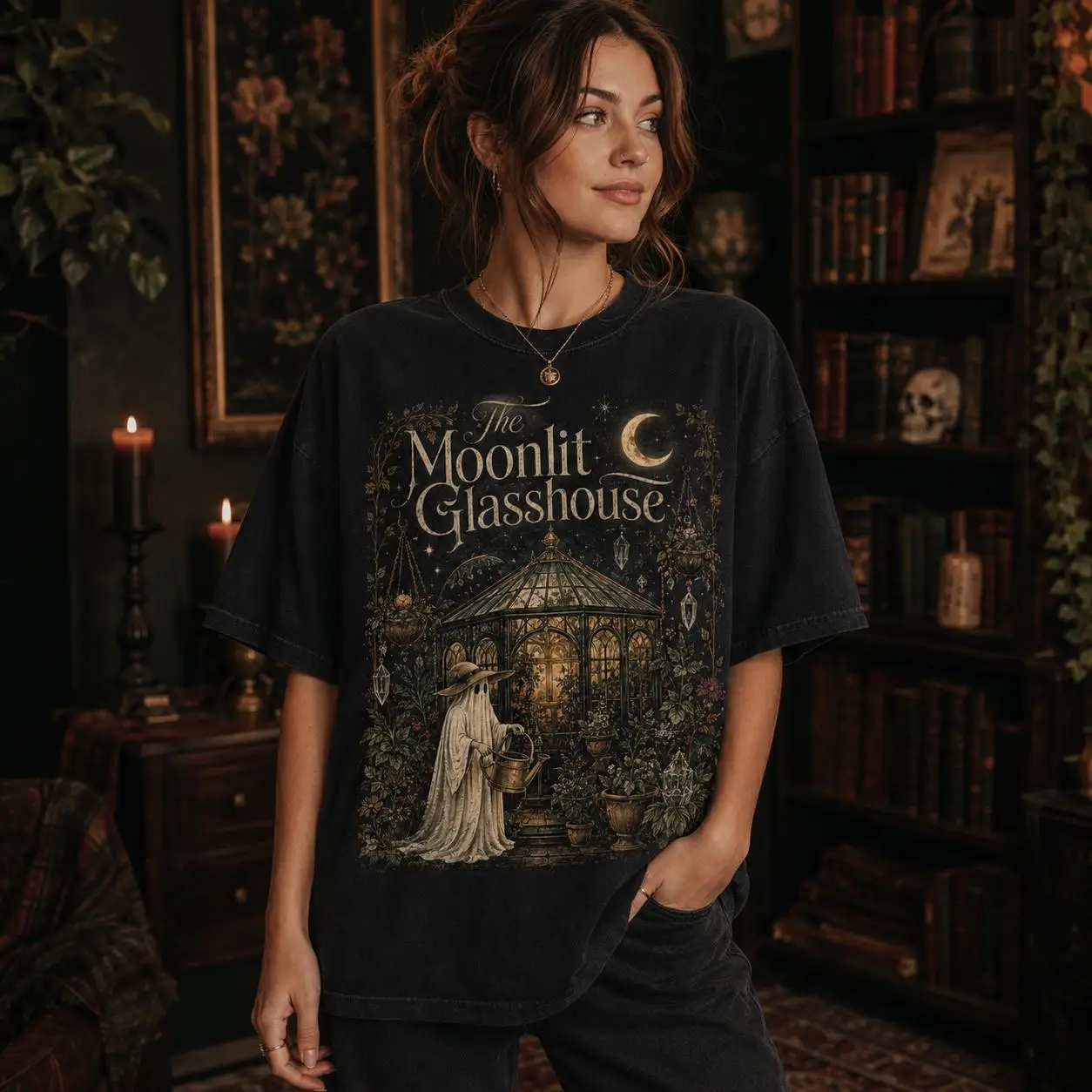 The Moonlit Glasshouse Shirt, Halloween, Botanical Ghost Gardener Tee, Dark Cottagecore Spooky Fall Shirt T-shirt