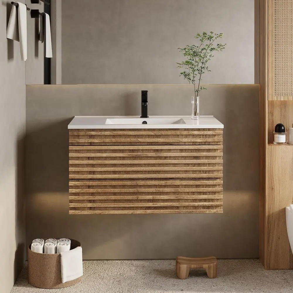 

36 Wall-Mounted Floating Vanity with Wood Stripes, Undermount Sink, Faucet & Drain, Light Walnut