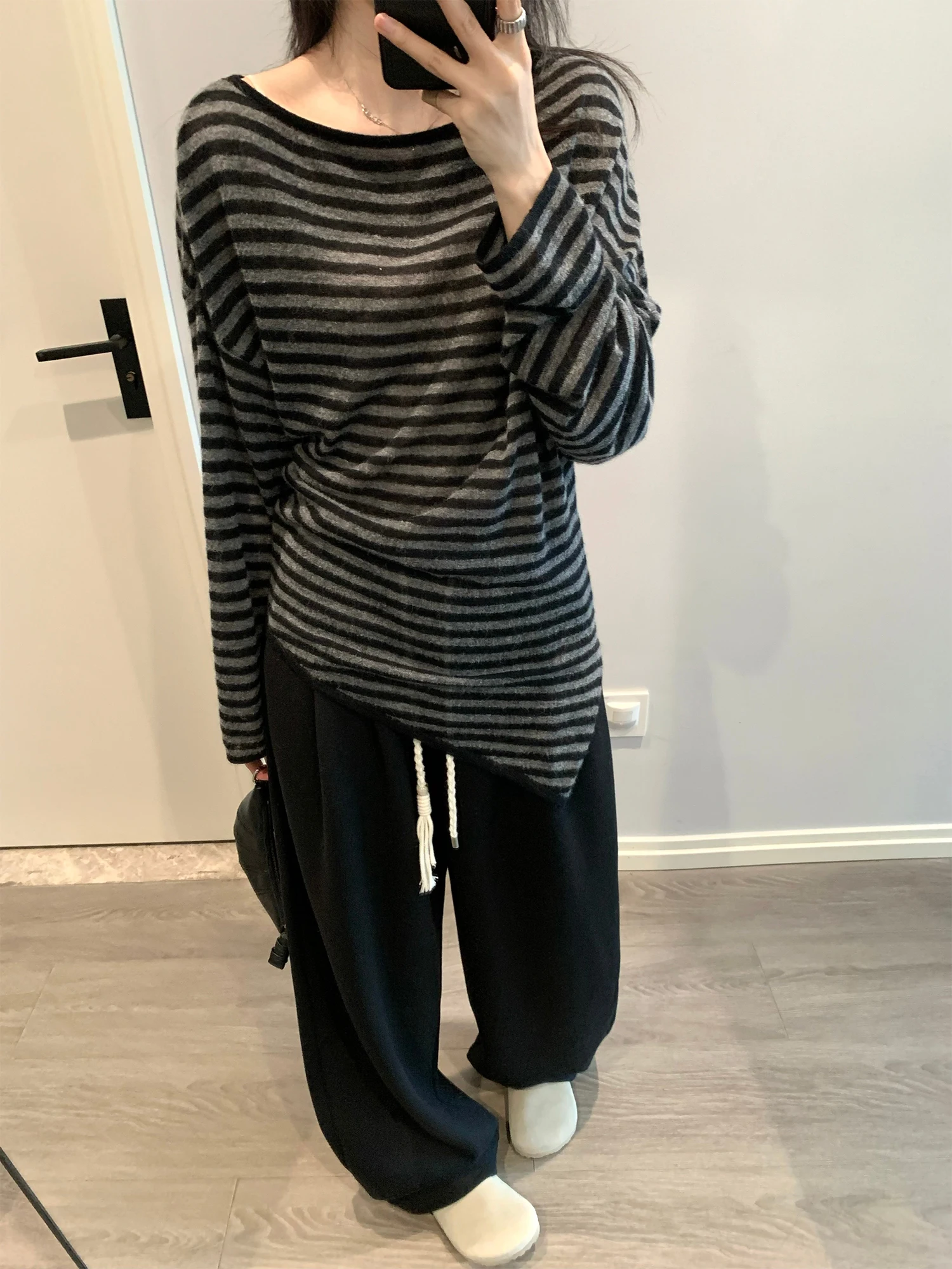 

Women's Casual Sle Knitted Sweater Double Wear Asymmetrical Hem round Ne oulder Oblique Wool Alpaca Wool Long Sve