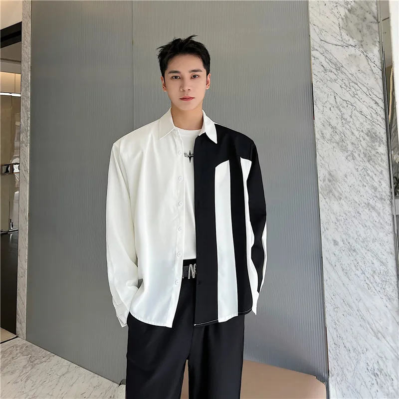 

Casual Bla White Color Blo Design Men's Long Sve irt Autumn Faion Drapey Sle Youthful Trend Polyester Blend