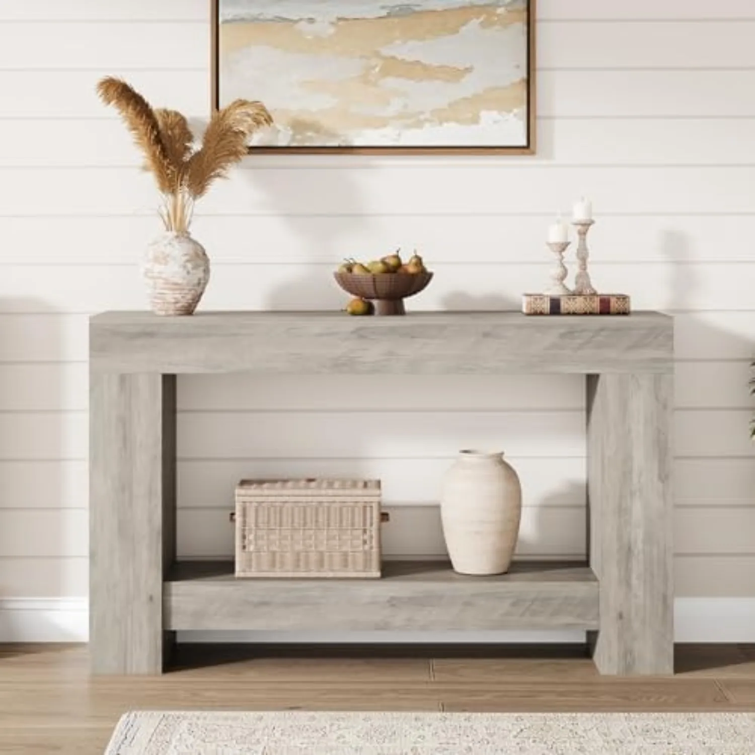Farmhouse Console Table for Living Room, Long Console Table for Entryway, 2-Tier Large Sofa Table with Storage