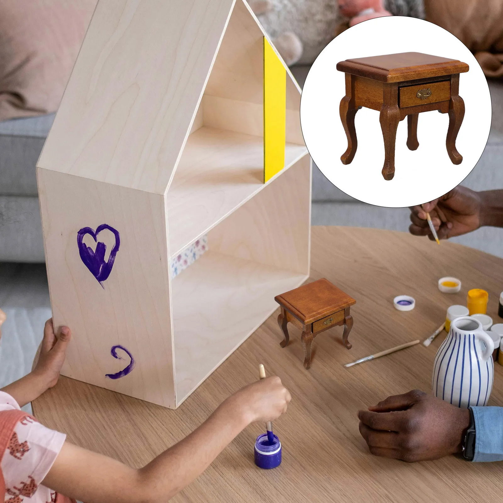 

1:12 Scale Miniature Wooden Dollhouse Nightstand French Country Style Functional Drawer Bedside Table for Bedroom Living Room