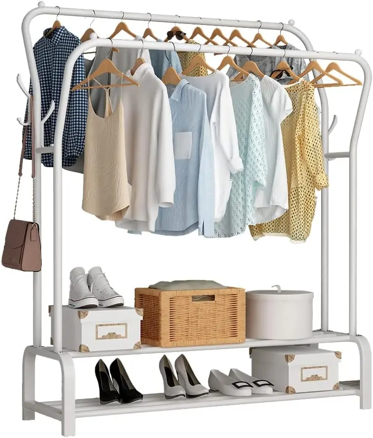 

Garment Rack Freestanding Hanger Double Rods Multi-functional Bedroom Clothing Rack, Double layer ，4 Hooks，White