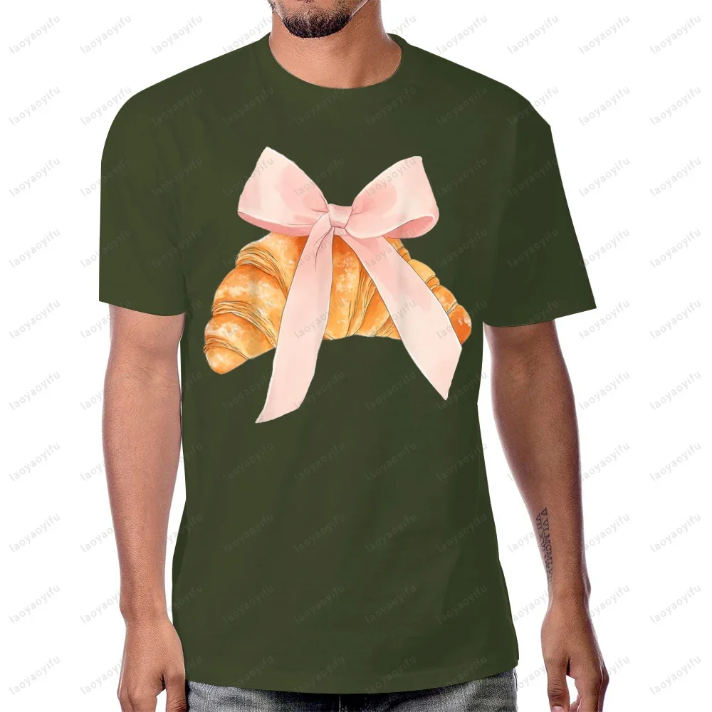 Coquette Pink Bow Croissant Cute Baking Baker Pastry Graphic Printed Man T-Shirt Casual Fashion Loose Summer Women T Shirt