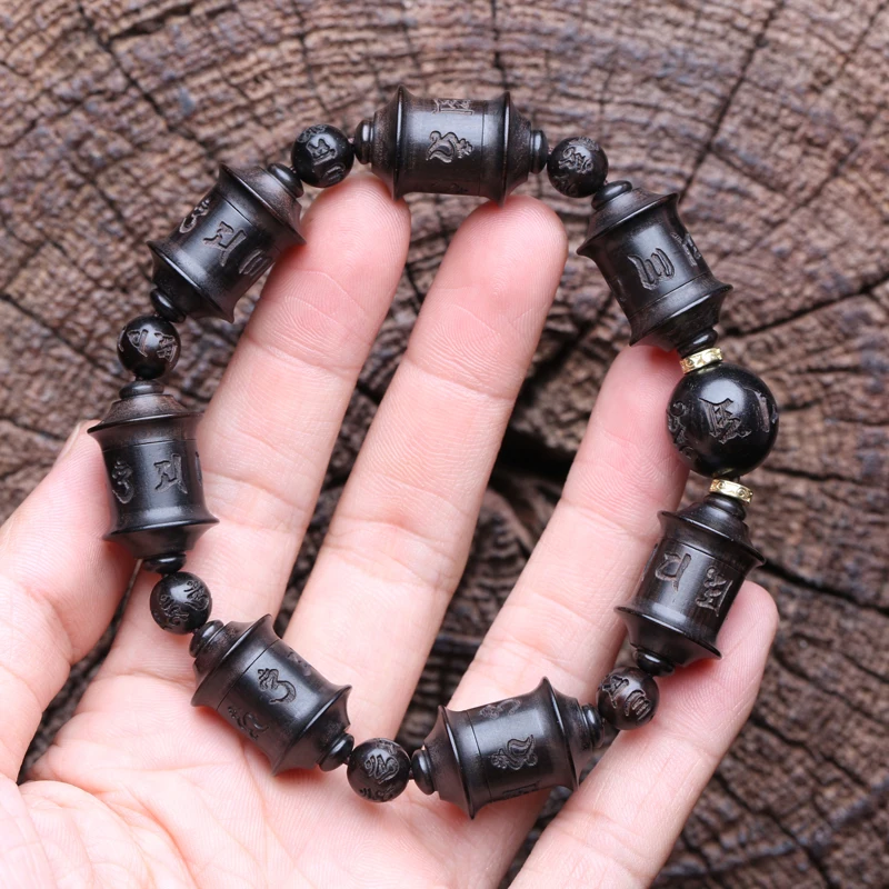 Natural Ebony Tibetan Prayer Wheel Handmade Bracelet Wooden Beads Six-Character Mantra Gift Zen Decoration