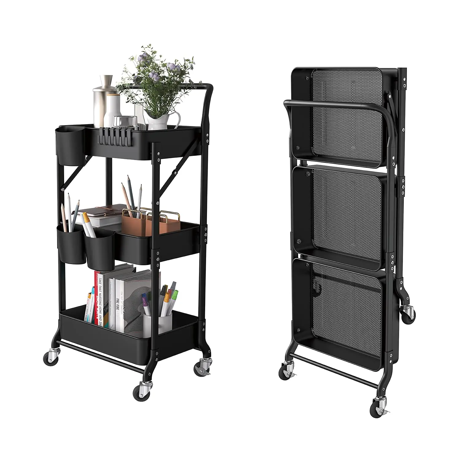 

Трехъярусная складная металлическая тележка на колесиках с ручкой, 3 подвесными подстаканниками и 6 крючками для хранения, на заказ