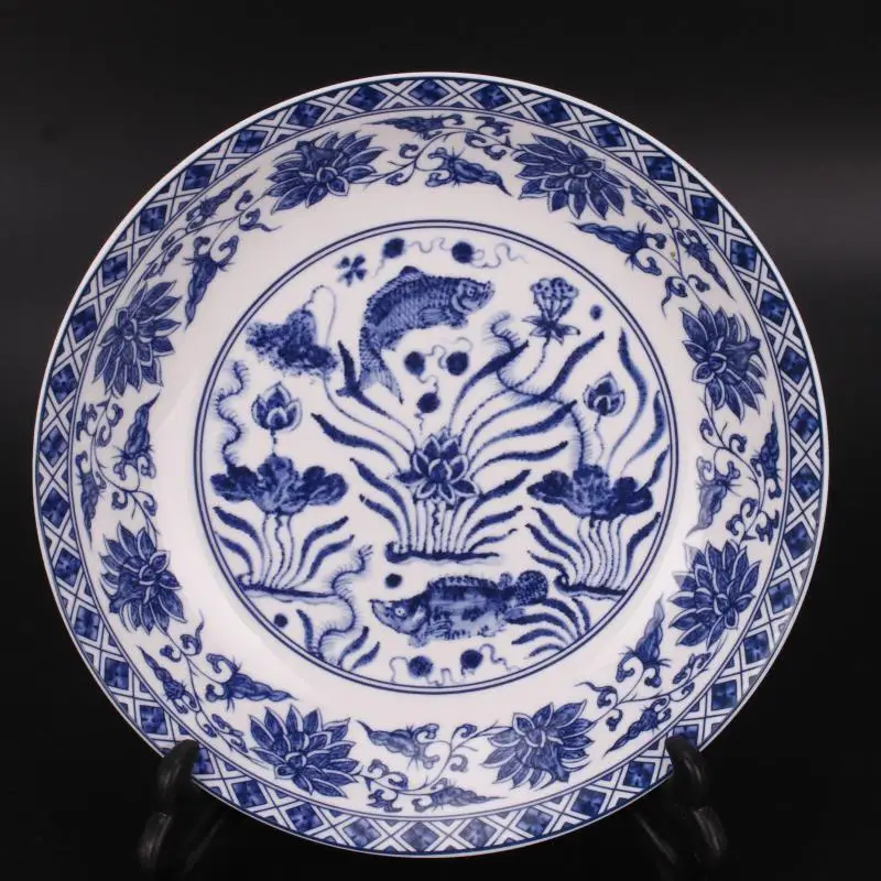 Chinese Blue and White Porcelain Qing Qianlong Fish Lotus Pattern Plate 8 inch