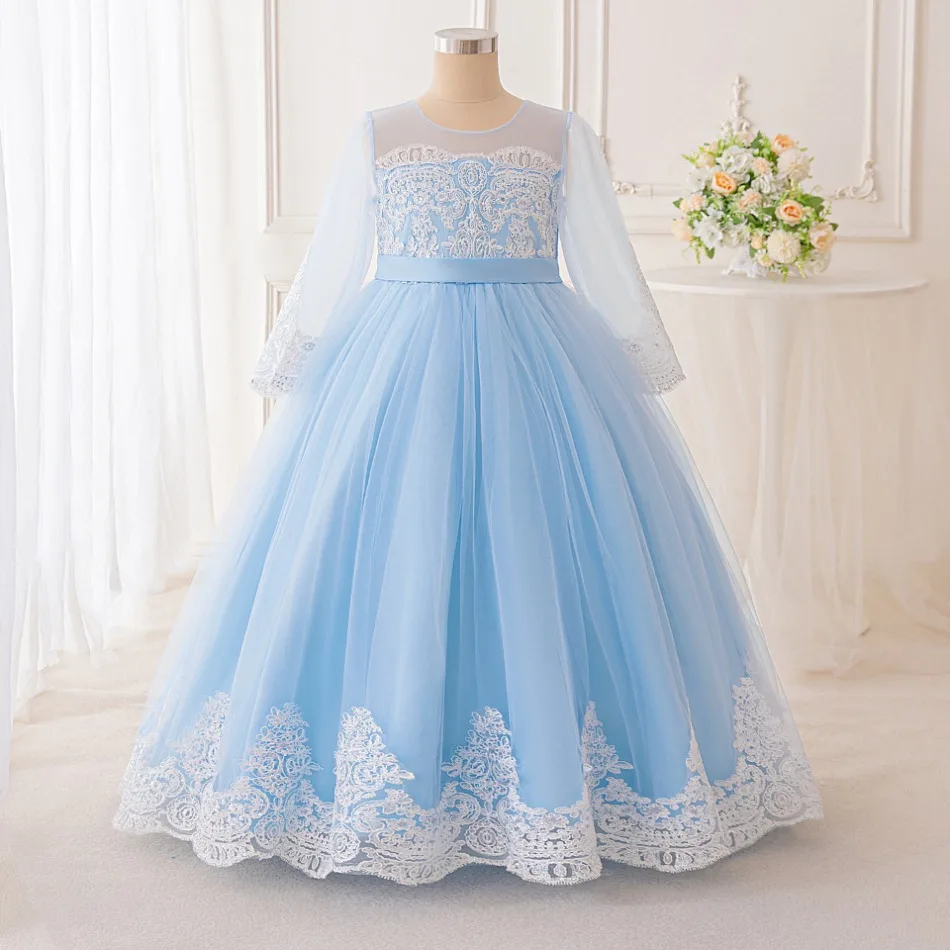 

Elegant Lace Flower Bridesmaid Girls Dress Vintage Baptism Wedding Princess Party Dress for Girl Bow Birthday Prom Gown ASQ03