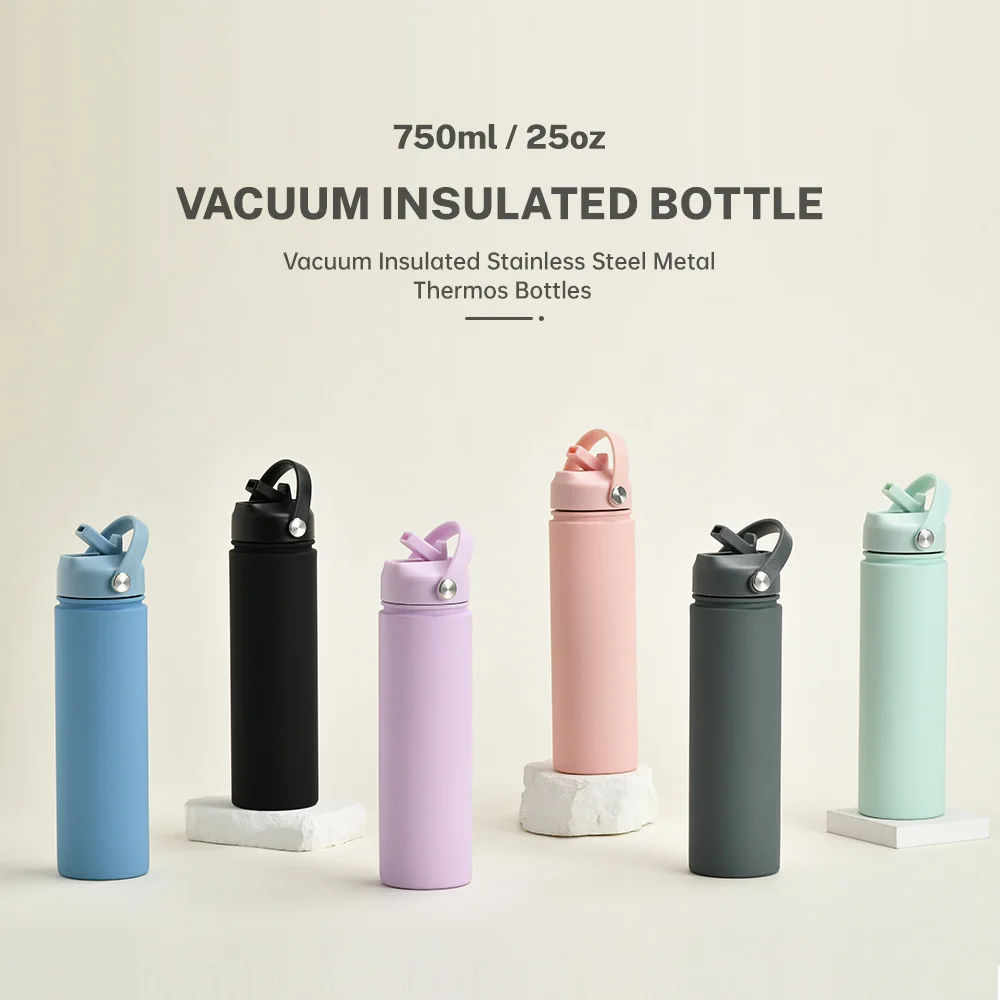 

Stainless Steel Sports Water Bottle, Wide Mouth Leakproof Insulated Flask with Detachable Straw & Carry Handle for Gym, Travel
