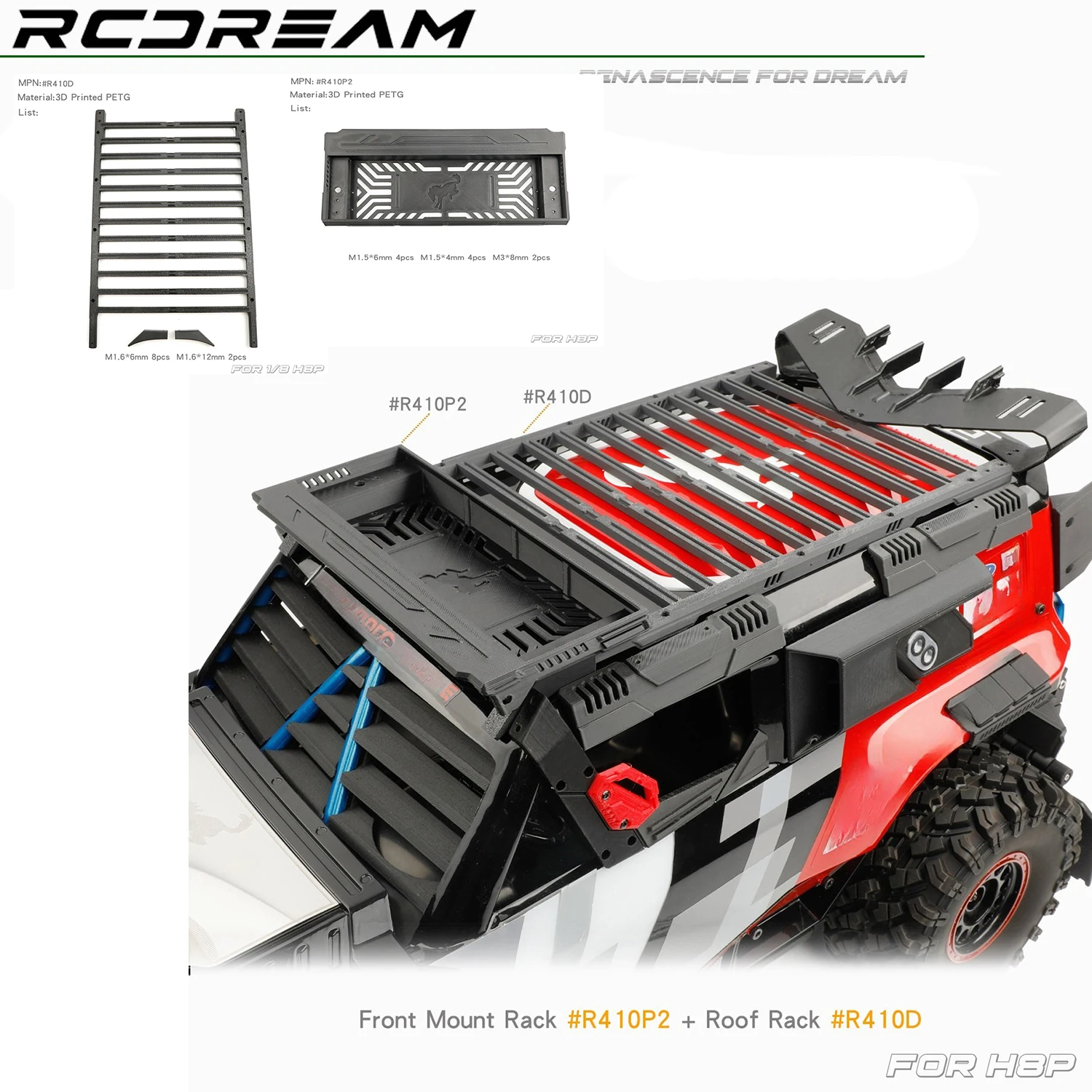 MJX H8P 1/8 RC Vehicle Parts - Roof Luggage Rack Loading Platform Dome Light armor Car Body Accessories