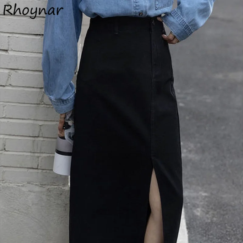 

Skirts Women Retro Autumn Winter Mid-calf Solid Denim Classic A-line Empire Casual Simple All-match College Ladies Street Chic