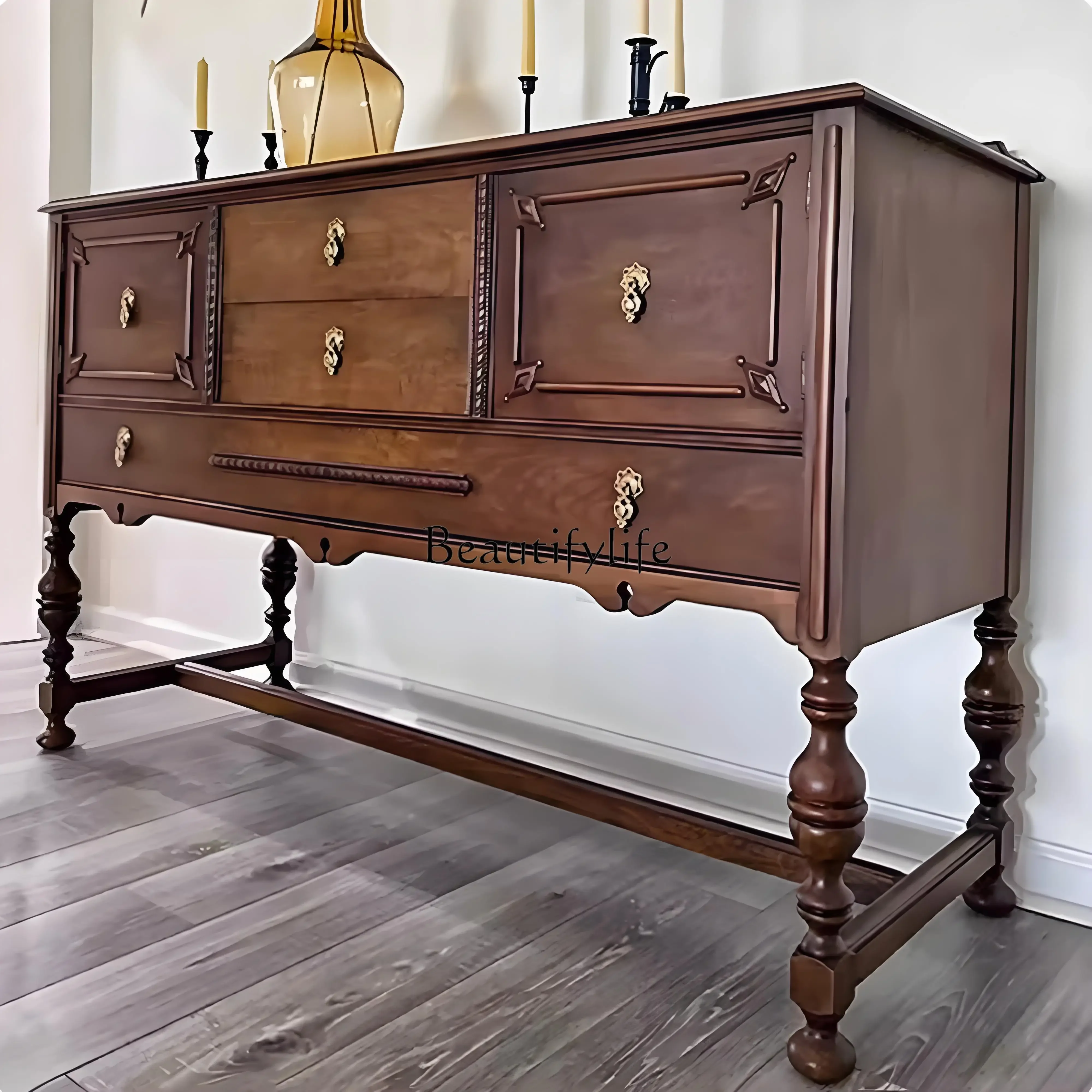 

yj21 French Retro Solid Wood Entryway Wall-Mounted Sideboard Living Room High-End Carved Roman Column Light Luxury Sideboar