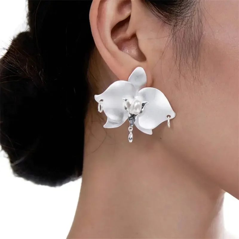 Night Orchid original metal pearl Phalaenopsis earrings