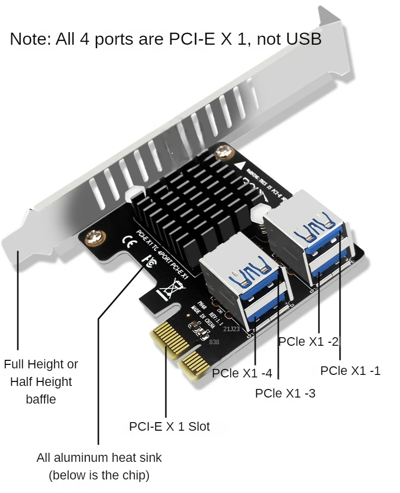 بطاقة PCI-E Riser 1 إلى 4 فتحات PCI Express X1 4 منافذ PCIE 1X محول بطاقة الرسومات توسيع ASM1184E بطاقة المضاعف