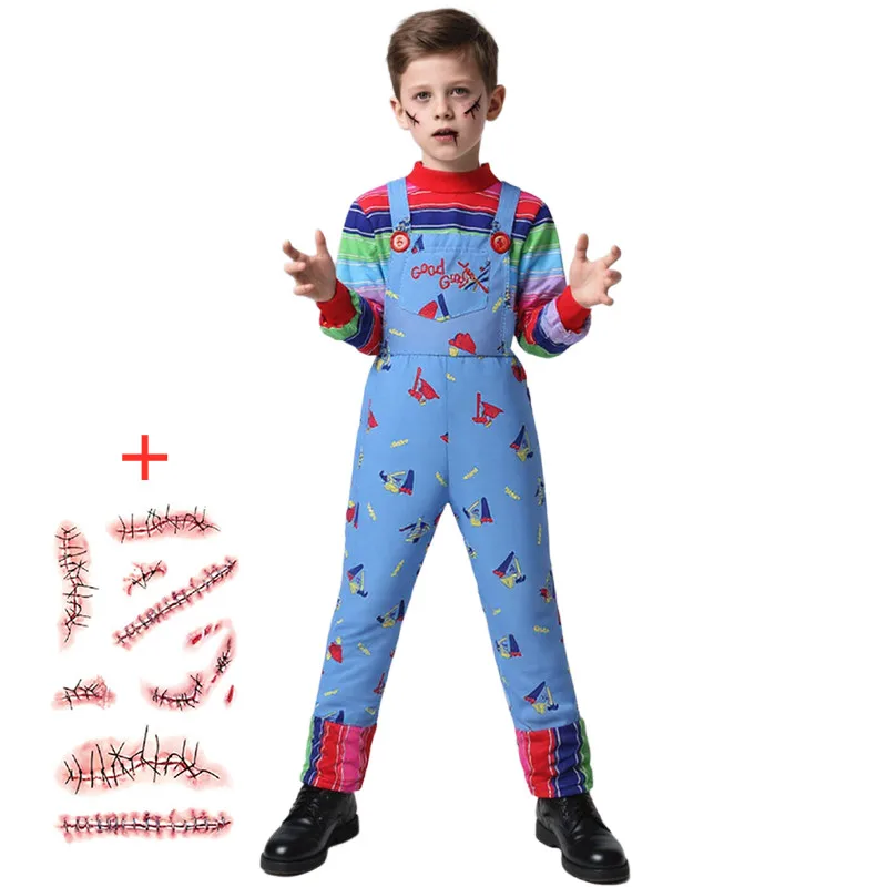 Chucky Costume Overalls for Kids Halloween Role Play Outfit with Suspenders Boys Girls Cosplay Trick or Treat Party Scar Sticker