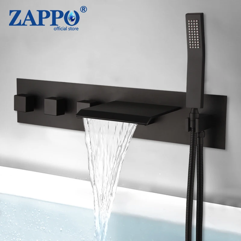 

ZAPPO Solid Brass Black Bathtub Shower Faucet with handheld Sprayer Bath Waterfall Faucet 3 handles Tub Filler Bathtub Faucets