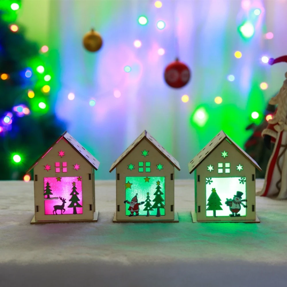 Christmas Santa Claus DIY Glowing Wooden House Assembly Glowing Wooden House for Home Bedroom Living Room Office Desk Decoration