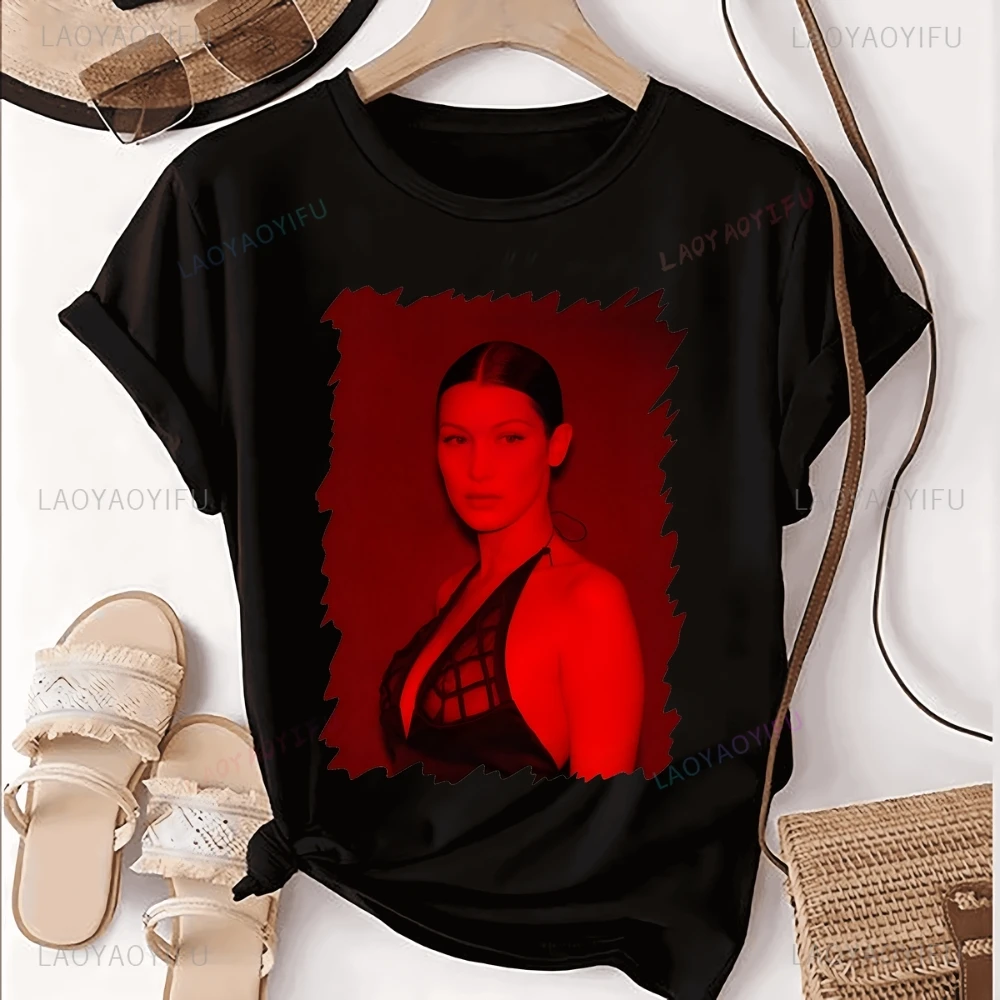 Vintage Bella Sexy Beauty Hadid Model Printed T-shirt Top Neutral Trend Harajuku Short Sleeve Unisex Shirt Pattern Large T-shirt