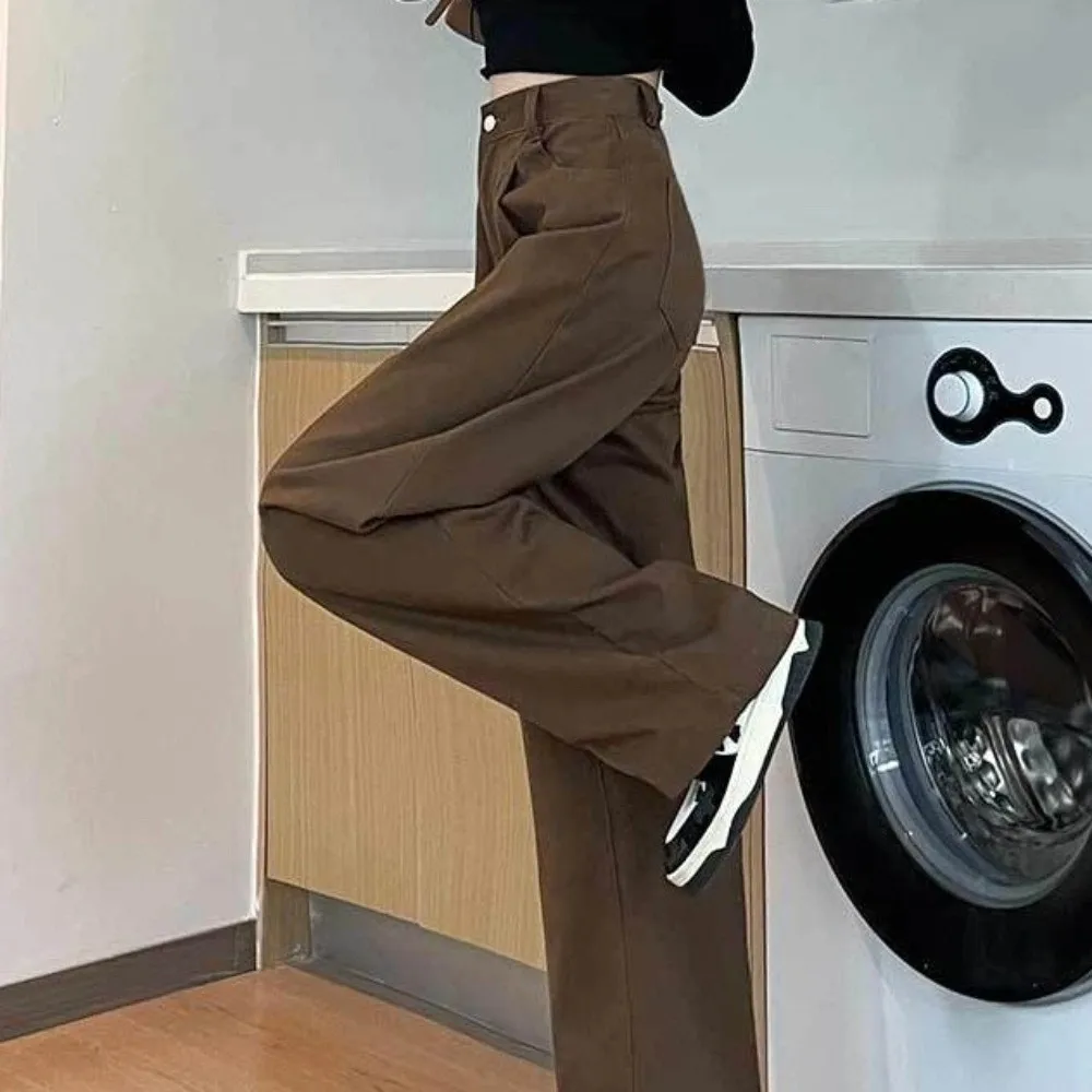 Luźne spodnie w stylu koreańskim, długie, proste, z szerokimi nogawkami, z wysokim stanem, luźne spodnie do garnituru w kolorze kawy, na wiosnę i jesień.