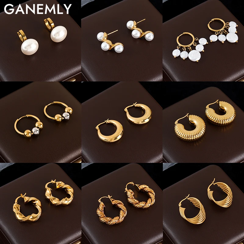 GANEMLY 316L Stainless Steel Pearl Geometric Round Hoop Earrings For Women Girl Fashion New Trendy Ear Buckle Jewelry Gift Party