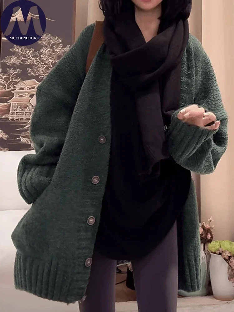 

Cardigan for Women Autumn Winter Lazy Style Long Sleeves V Neck Knitted Sweater Cardigan Korean Fashion Casual Loose Warm Coats