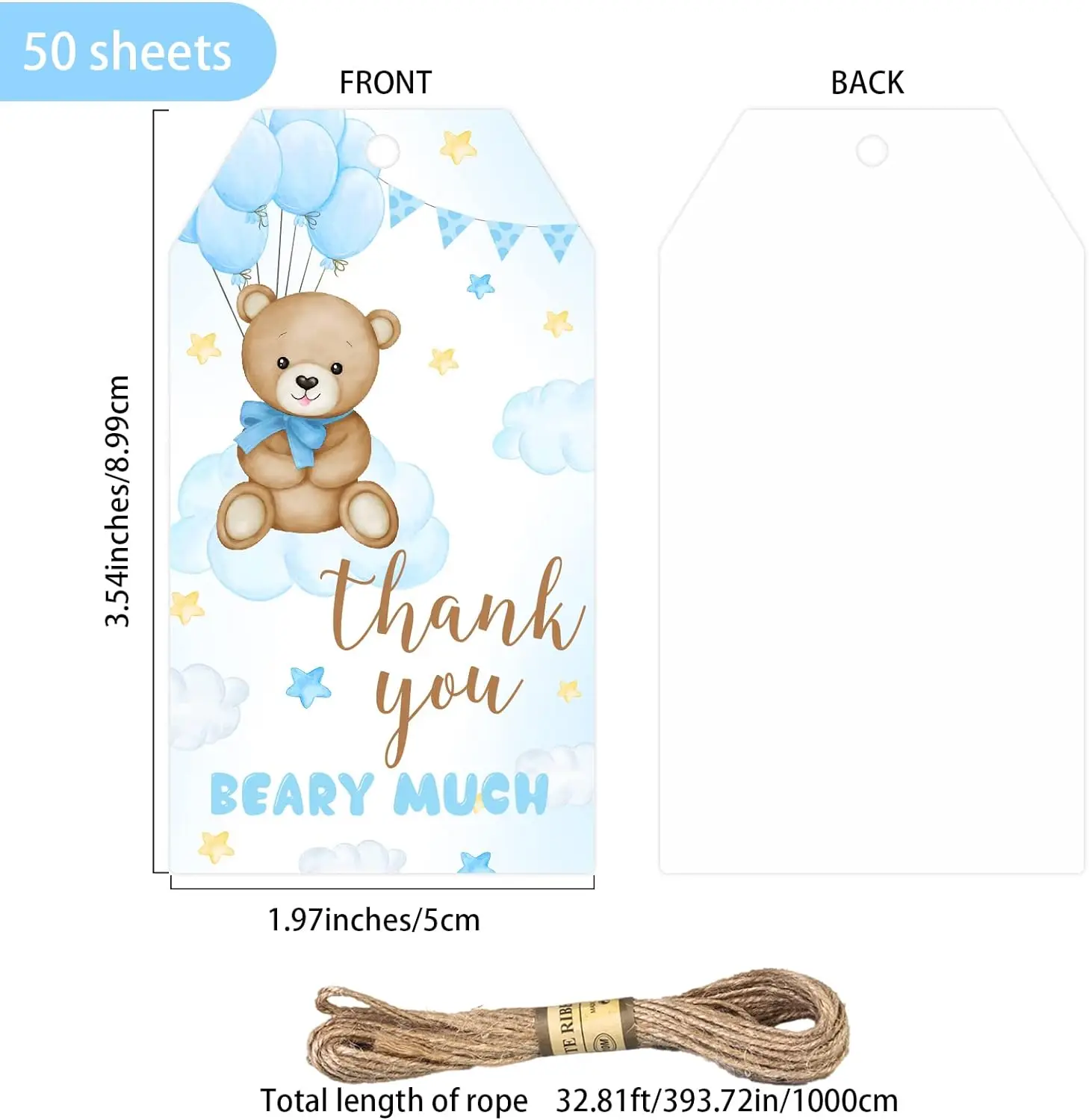 50pcs Bear Thank You Gift Tags ith String for Baby Shower for Celebrating Wedding Birthday Bridal Shower Party Favors