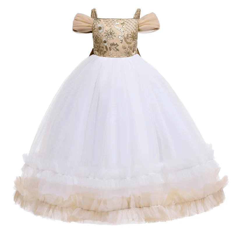 Mädchen Einteiliges kleid wort schulter pailletten bestickt Bögen Prinzessin kleid Flower hochzeit Klavier spielen kostüm kinder kleid