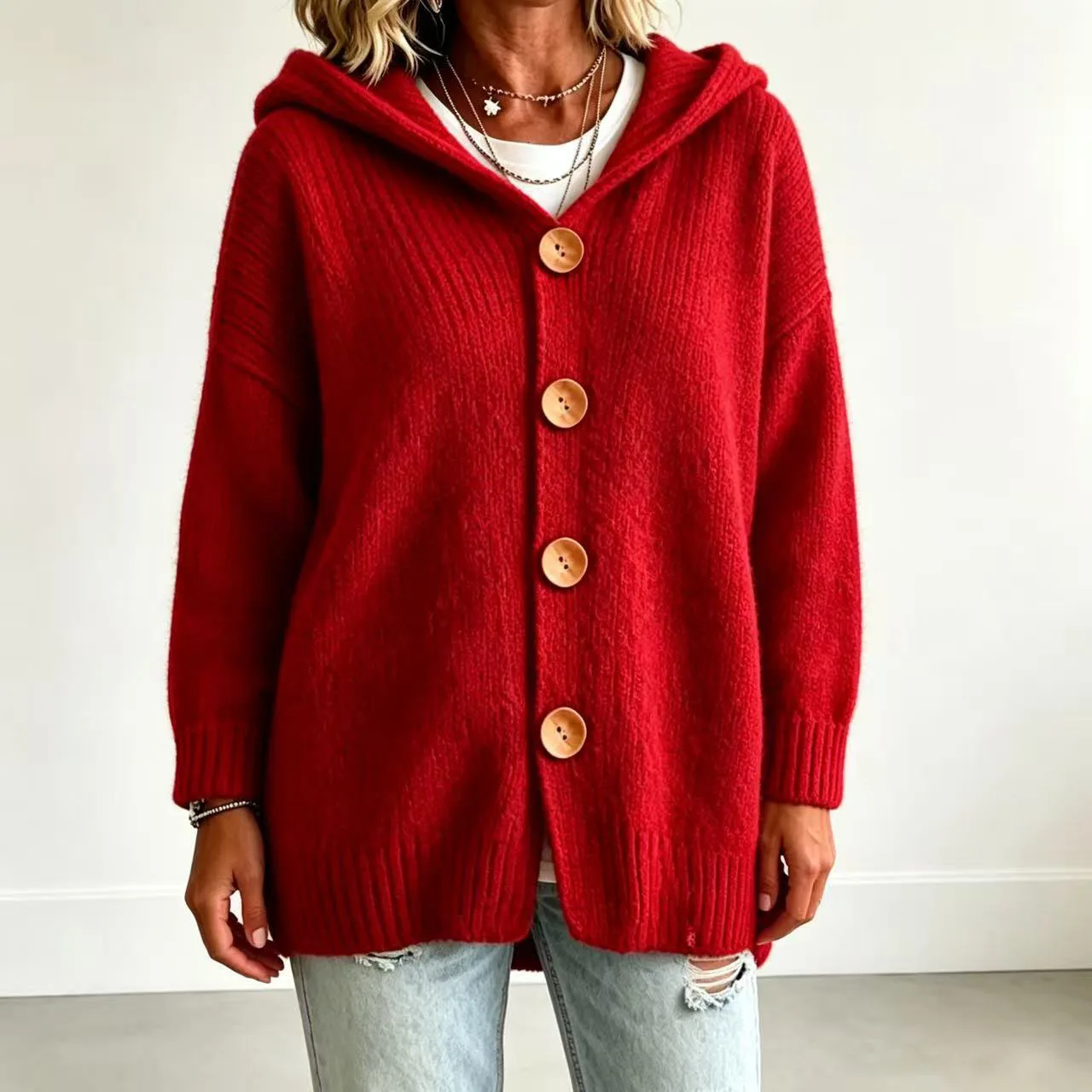 Women Hooded Knit Cardigan Wooden Button Front Drop Shoulder Long Sleeve Loose Soft Knitted Coat Casual Winter Sweater Outerwear